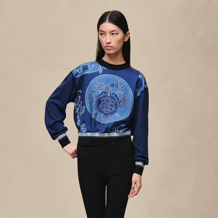 Bleu Lagune "Ex-libris a Main Levee" Long-sleeve Twillaine Sweater