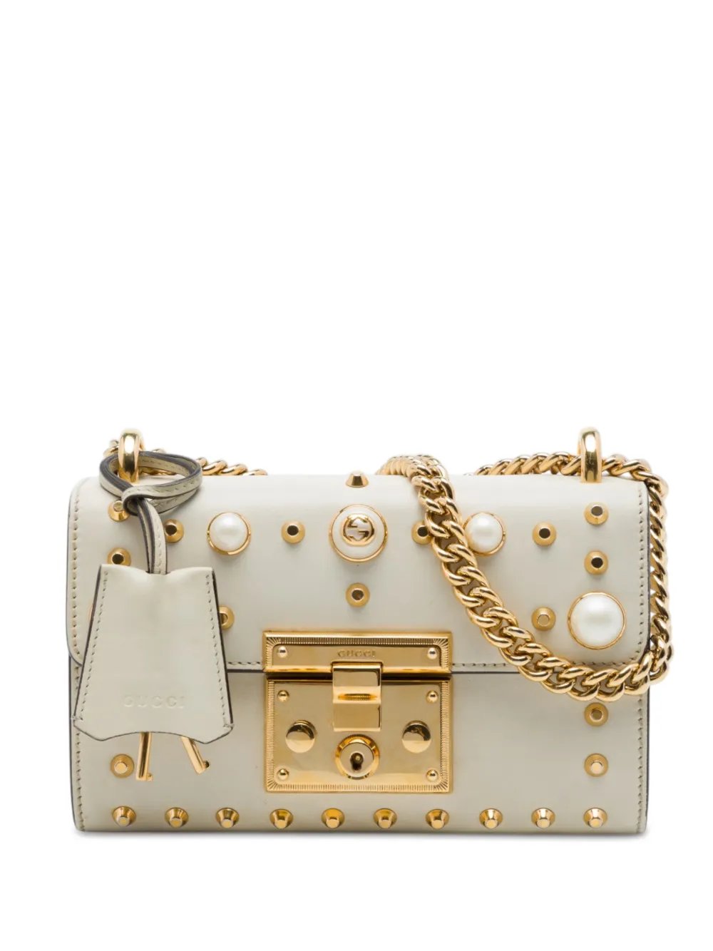 2016-2026 Small Pearl Studded Leather Padlock crossbody bag