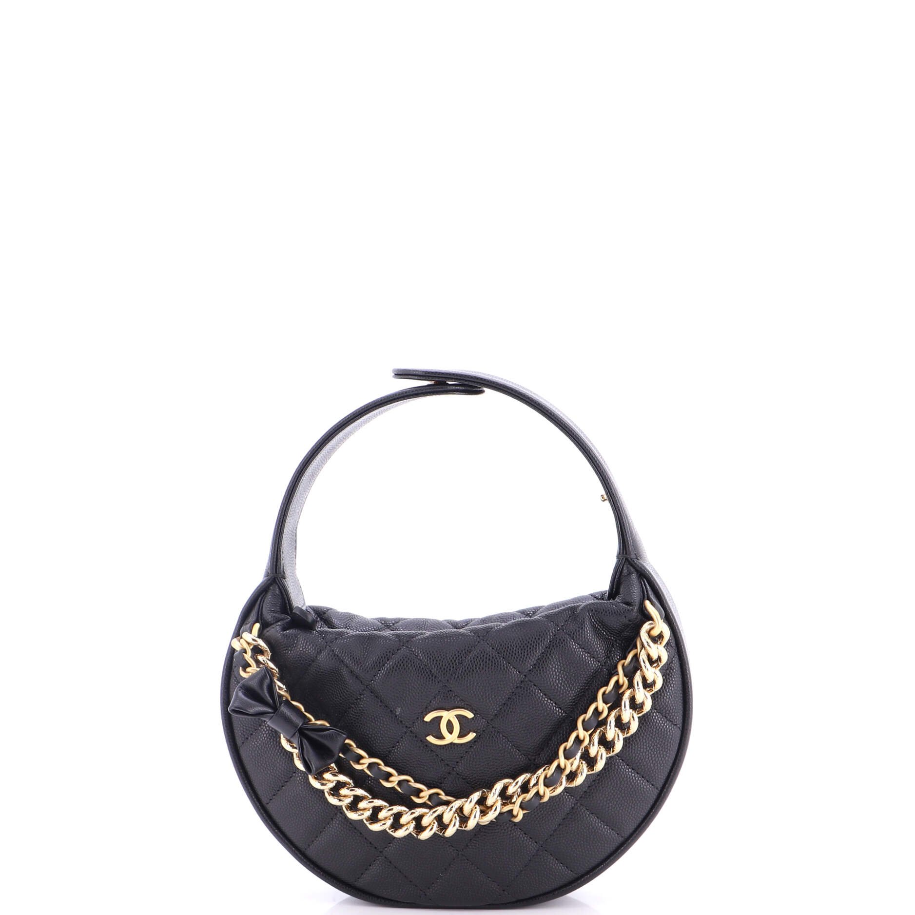 Double Chain Bow Hobo Pouch Quilted Caviar Mini