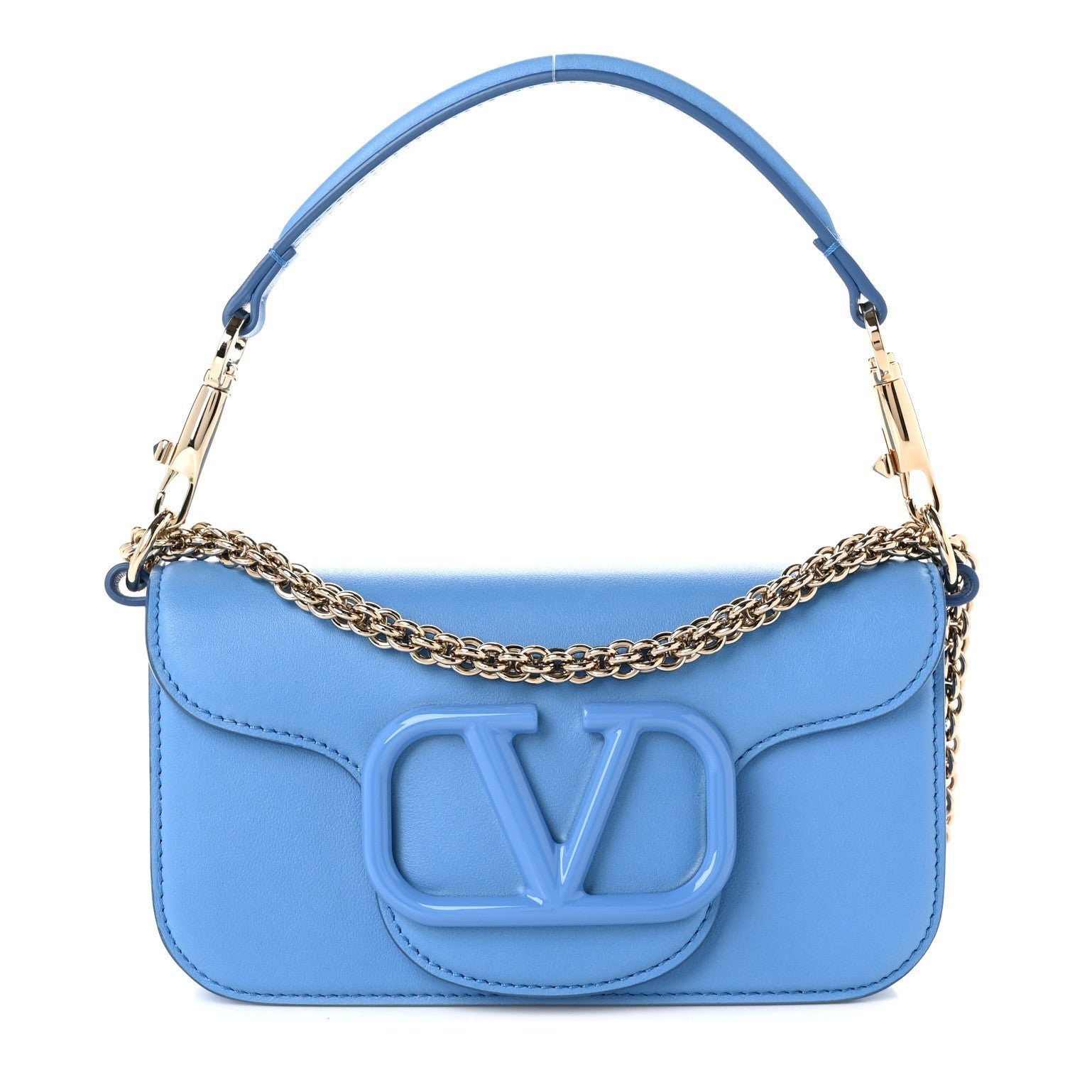 Valentino Garavani Calfskin Enamel Vlogo Small Loco Shoulder Bag Denim