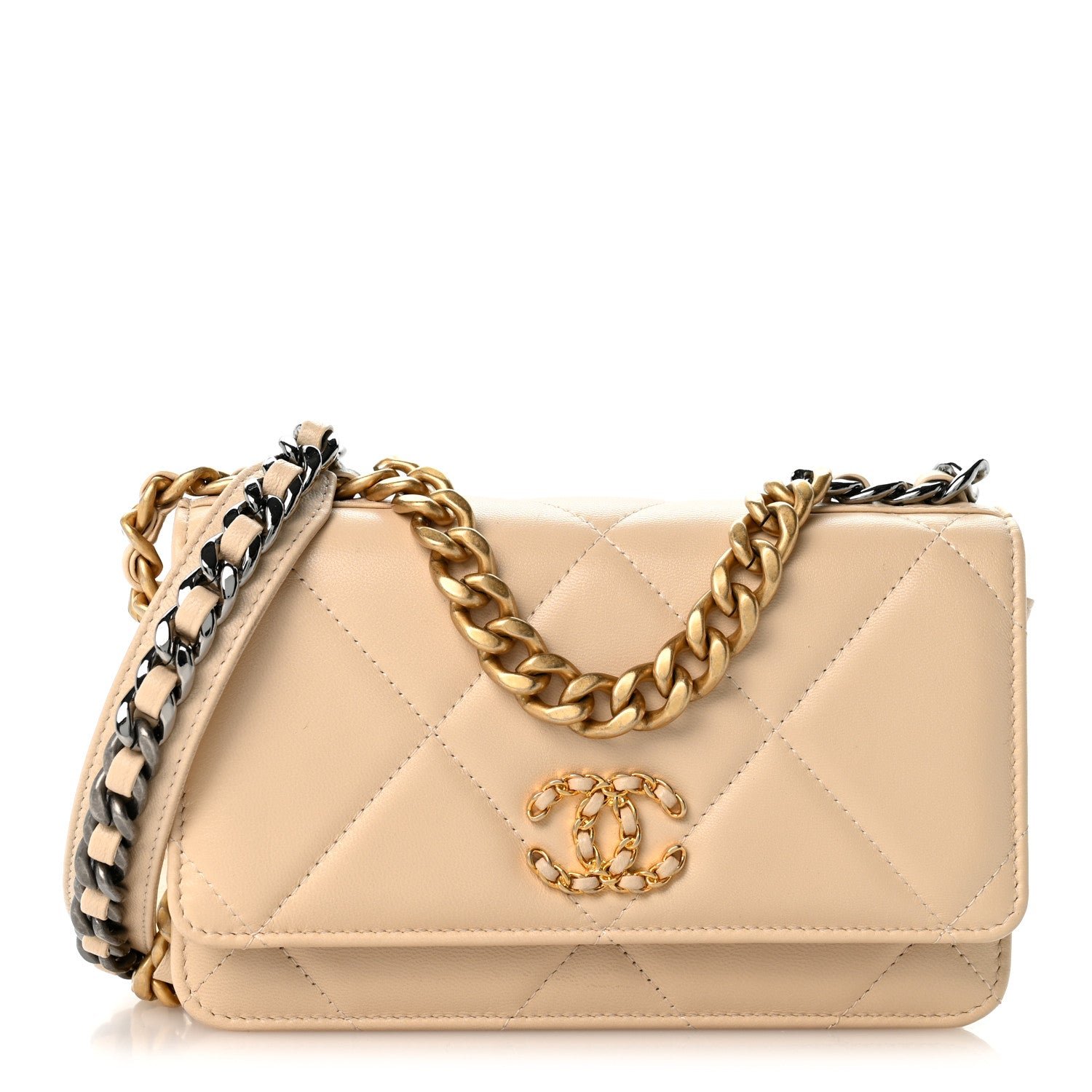 Chanel Lambskin Quilted Chanel 19 Wallet On Chain WOC Beige