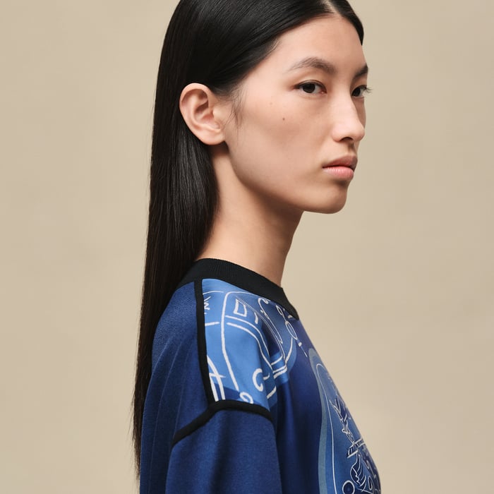 Bleu Lagune "Ex-libris a Main Levee" Long-sleeve Twillaine Sweater