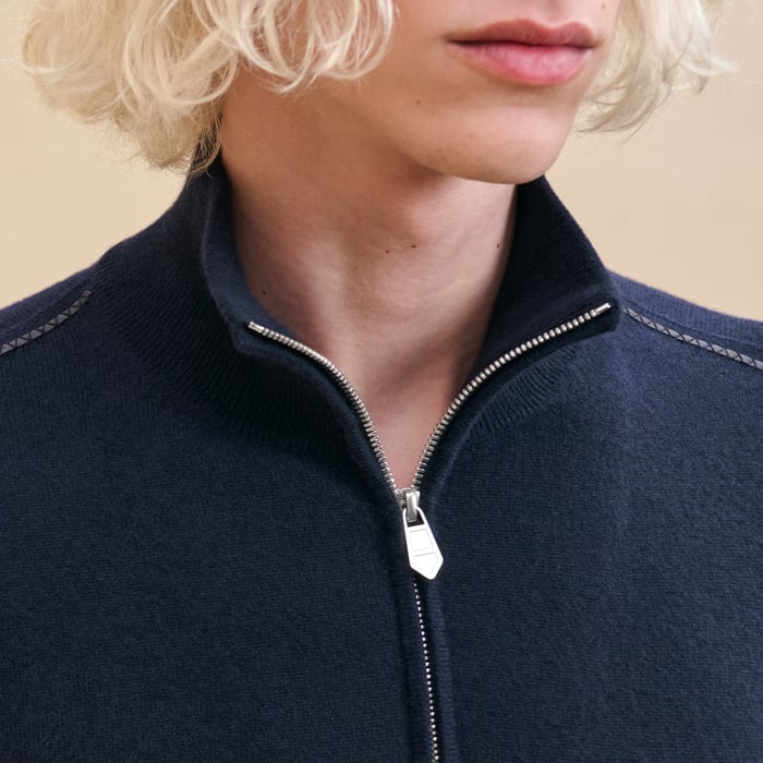 Marine Cashmere "Detail Cuir" Full-zip Sweater