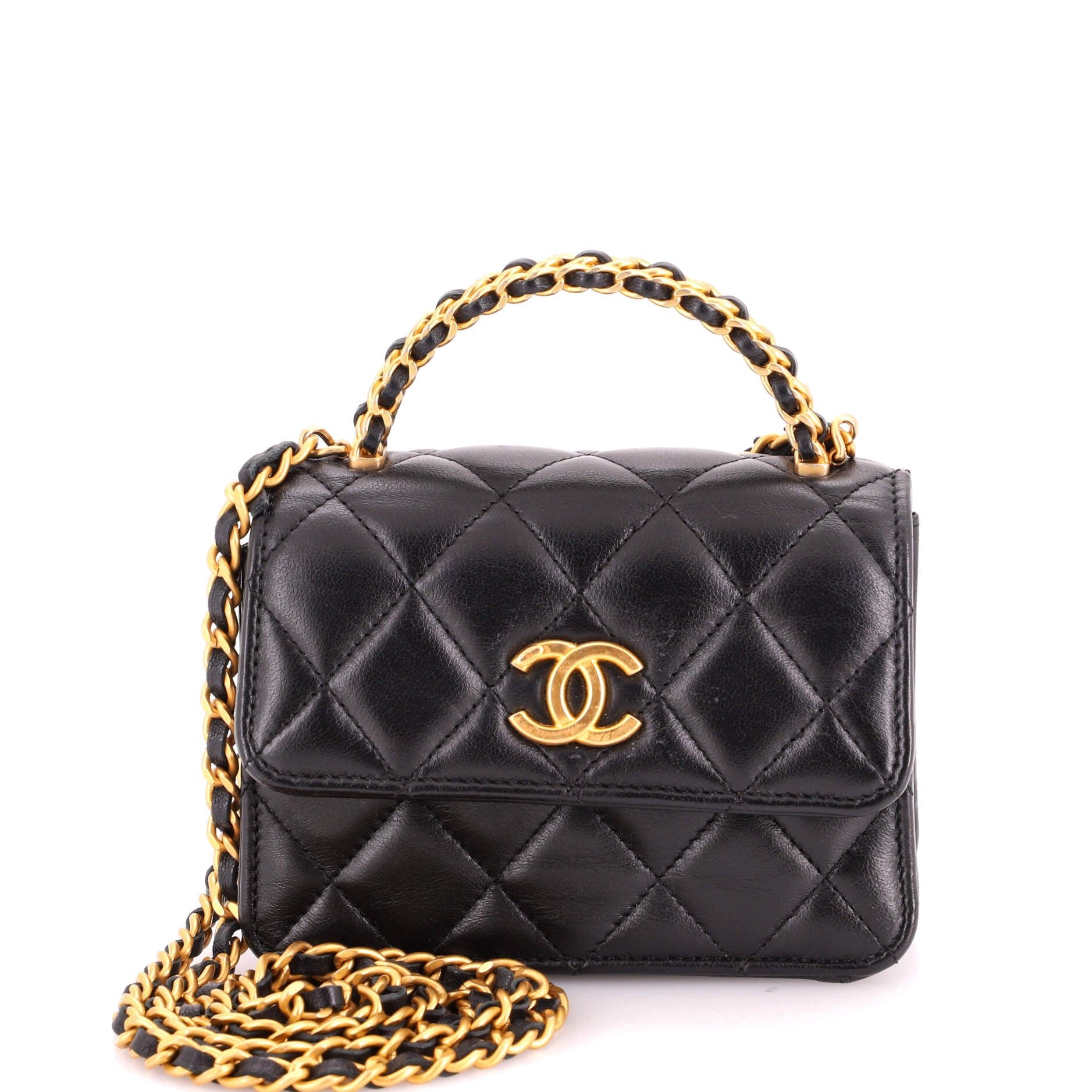Woven Top Handle CC Flap Clutch on Chain Quilted Lambskin Small