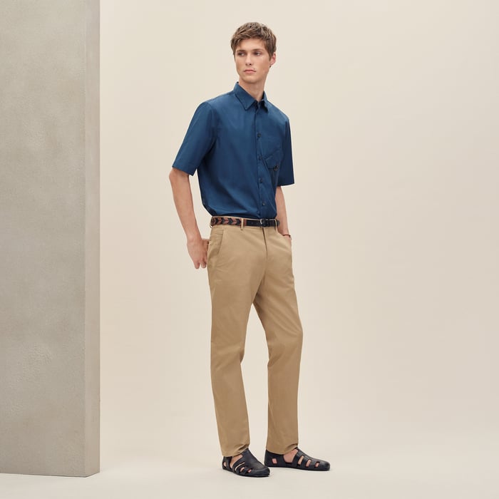 Indigo Short-sleeve Straight Cut Shirt With Leather Detail