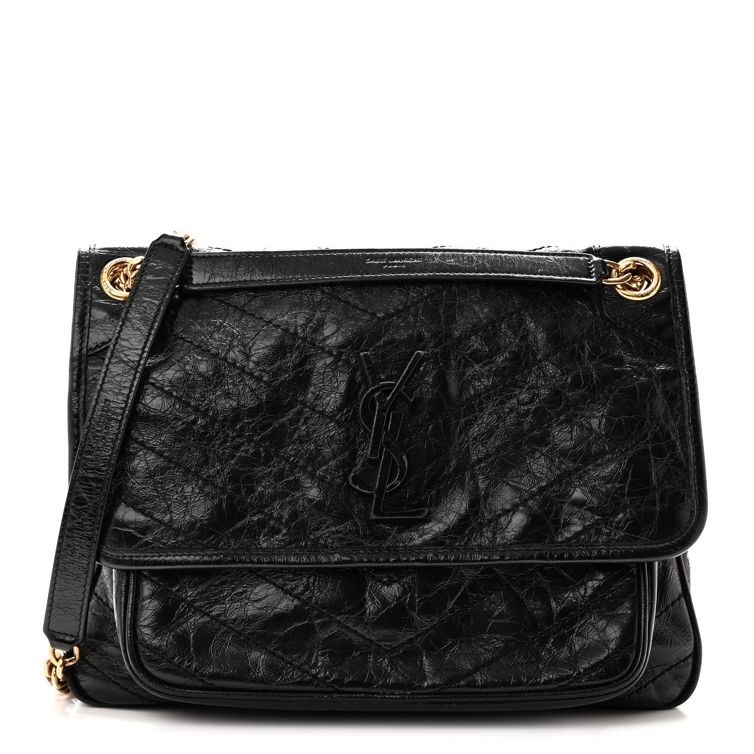 Saint Laurent Crinkled Calfskin Matelasse Monogram Medium Niki Chain Satchel Black