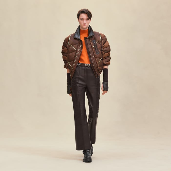 Marron Bois "Dressage Tressage" Mixed Leather Short Puffer Coat