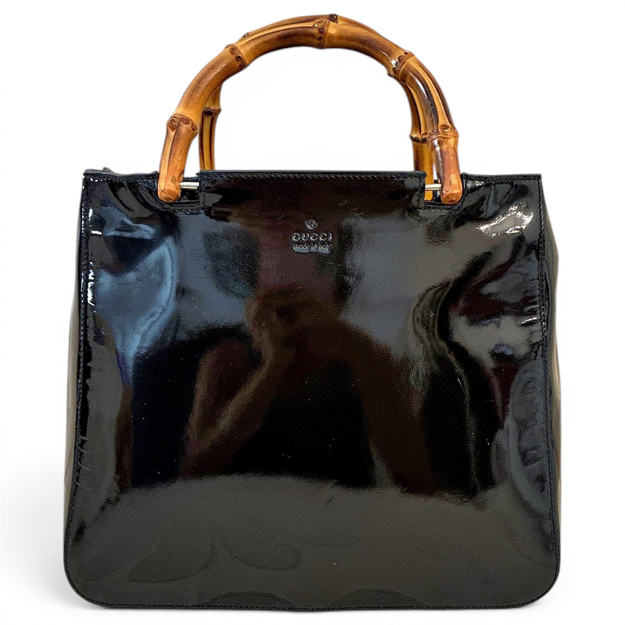 Bamboo patent leather handbag