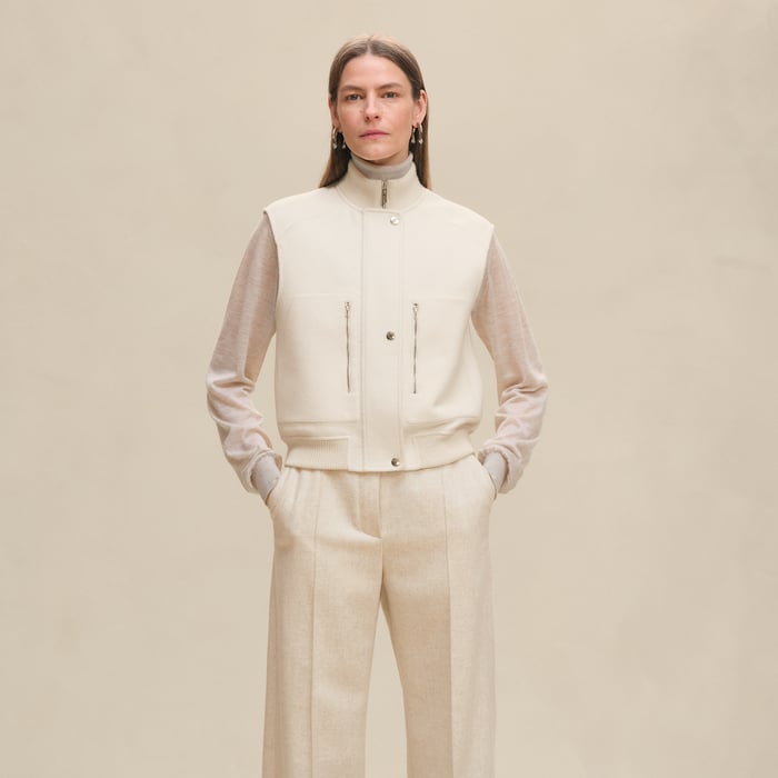 Blanc Naturel Sleeveless Short Bomber Jacket