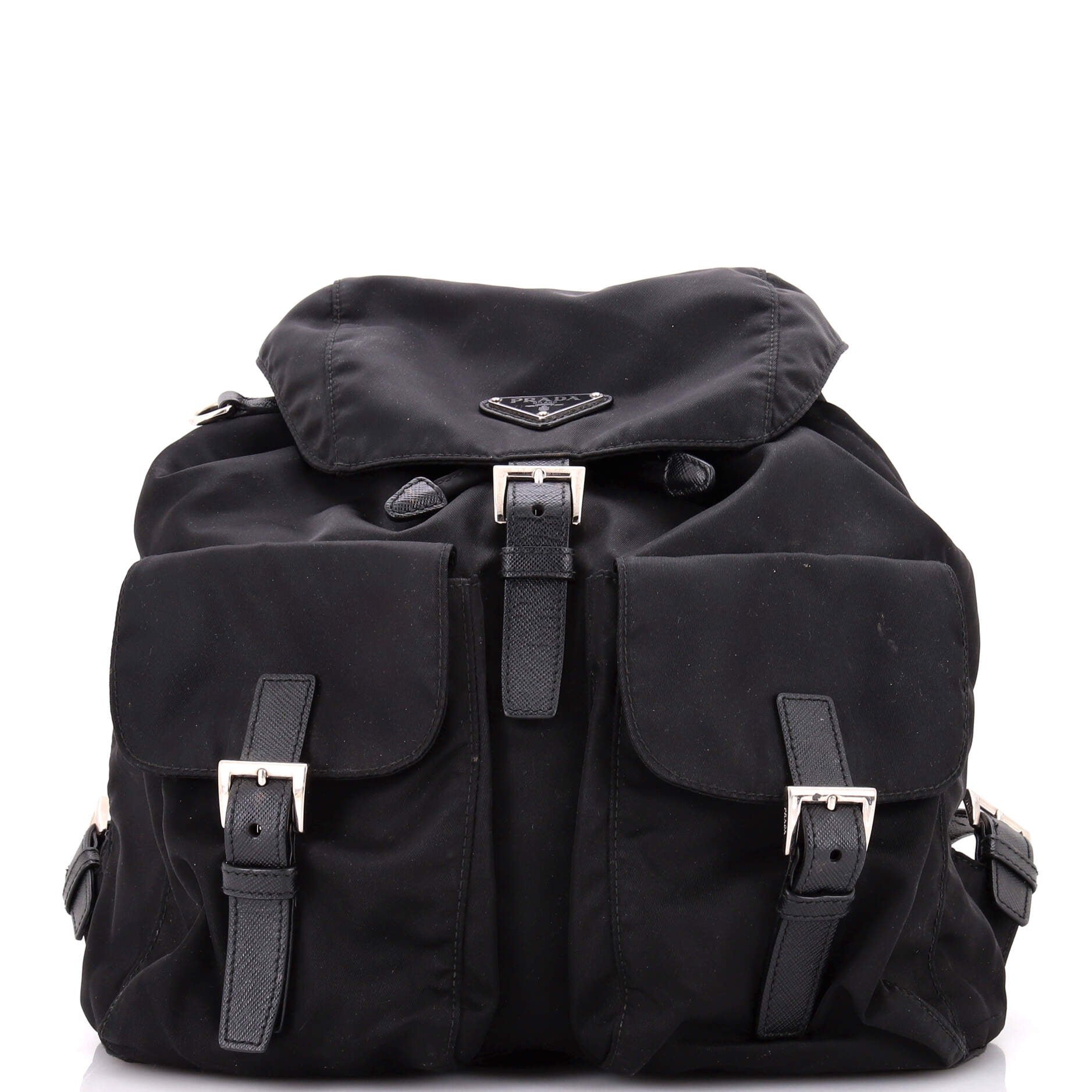 Double Front Pocket Backpack Re-Nylon with Leather Medium