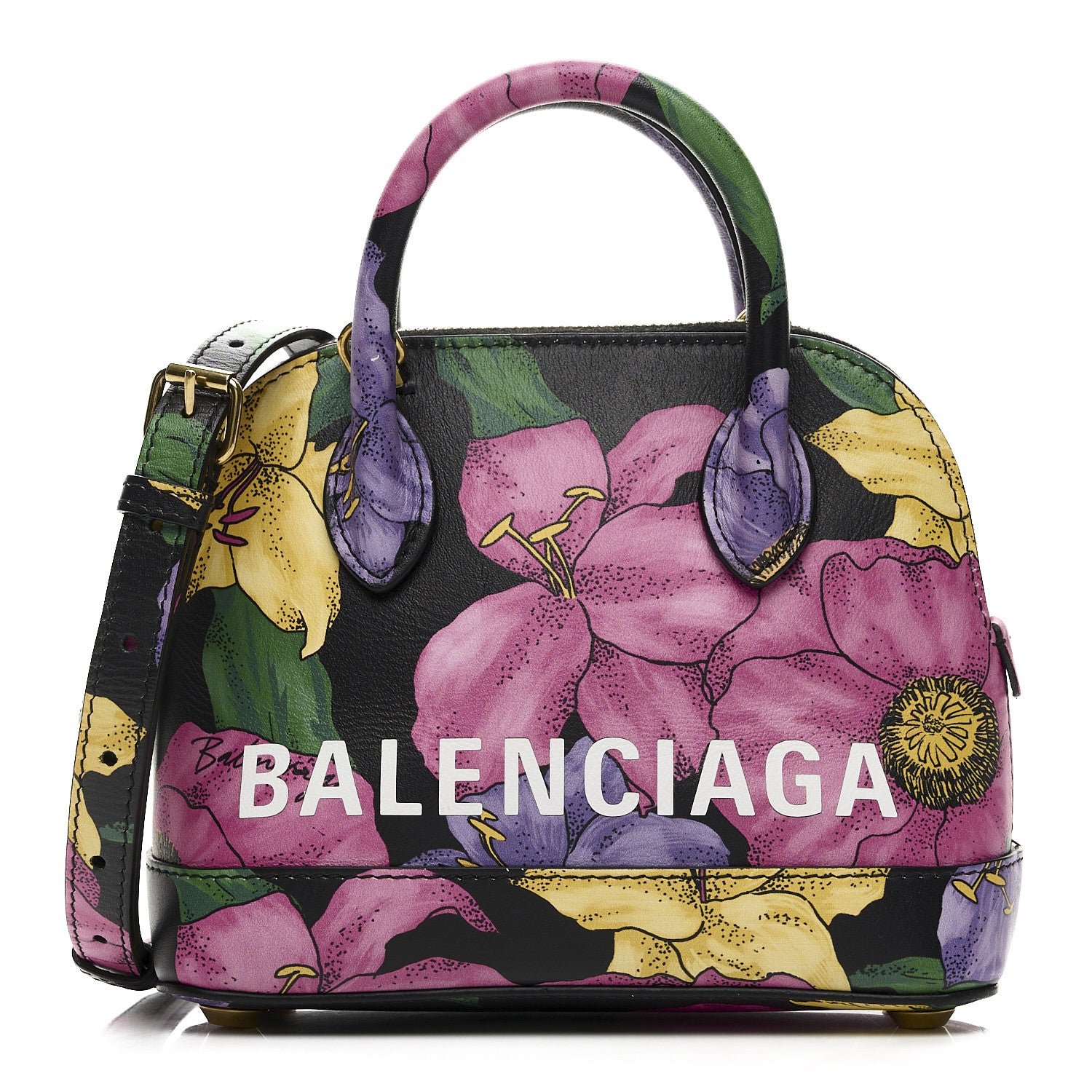 Balenciaga Smooth Calfskin Lush Floral Print XXS Ville Top Handle Bag Black Multicolor