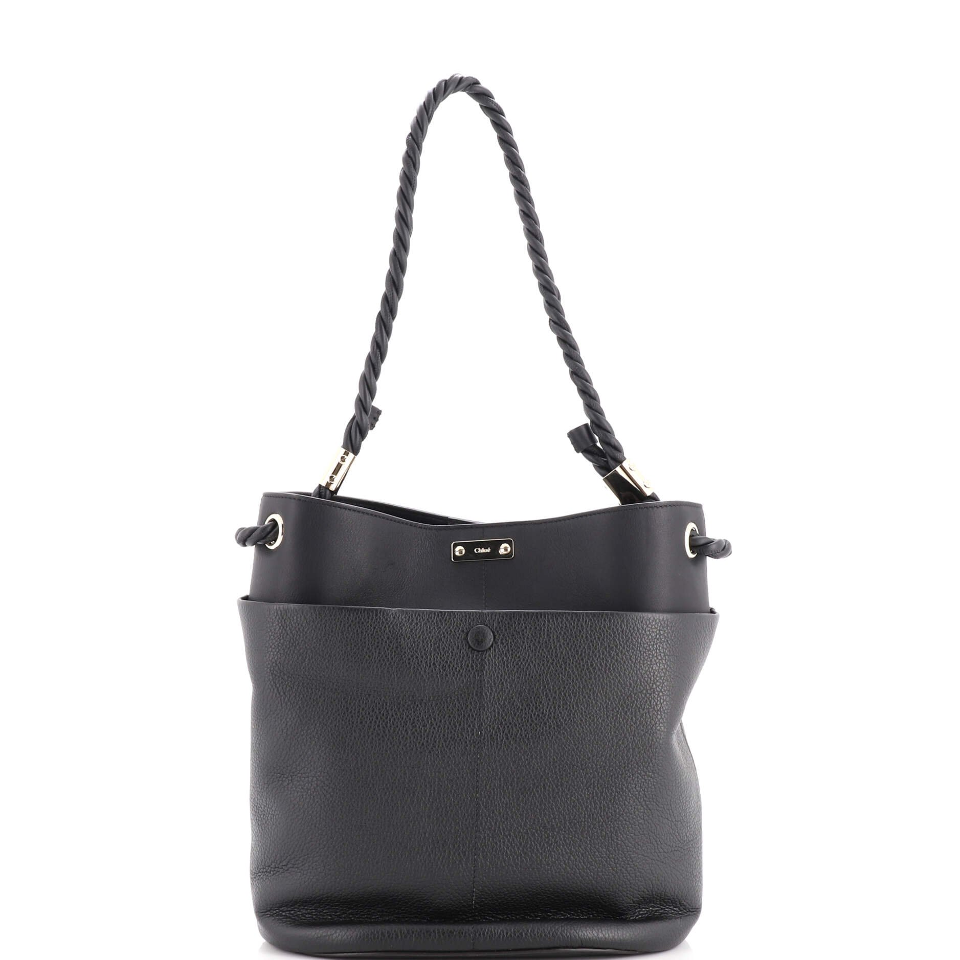 Braided Handle Key Bucket Bag Leather