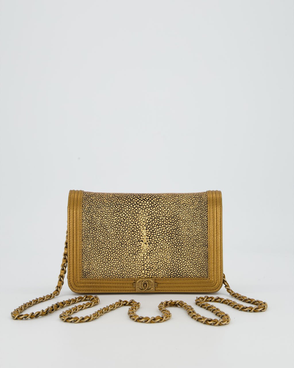 Chanel Gold Wallet on Chain Bag in Stingray and Lambskin Leather with Antique Gold Hardware