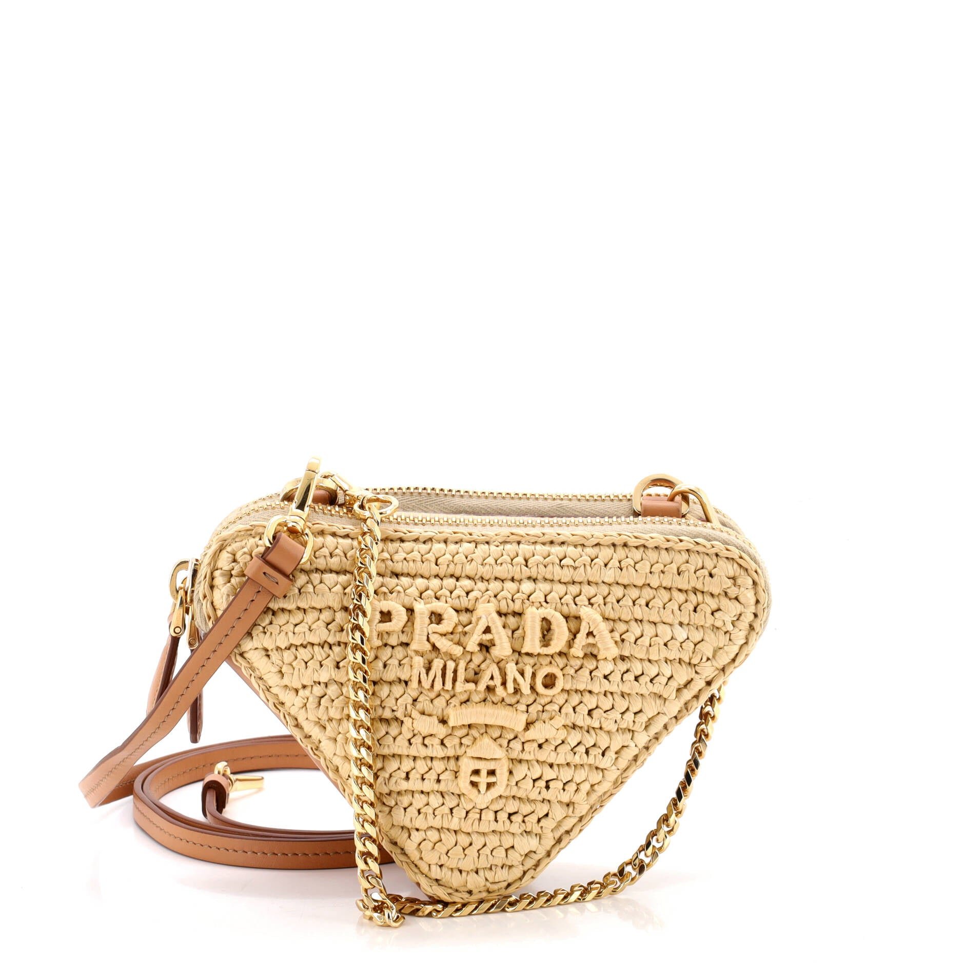Triangle Logo Zip Around Shoulder Bag Raffia and Leather Mini