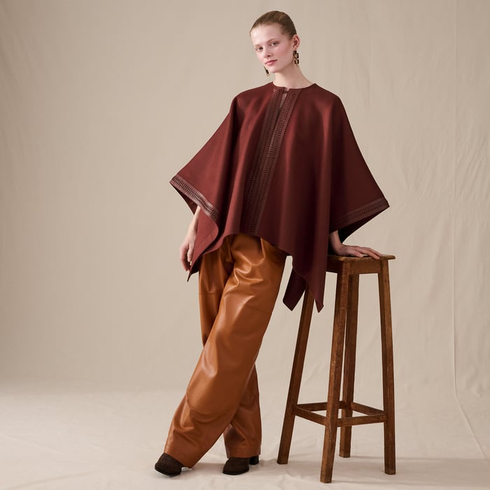 Rouge H Tresse Cuir Double Face Poncho