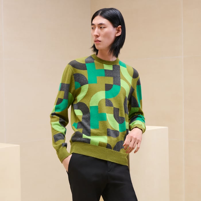 Anis Cashmere "Intarsia Maillon Puzzle" Crewneck Sweater