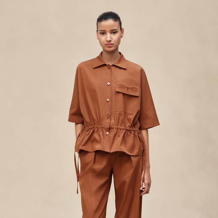 Marron Fauve Embroidered Beach Shirt