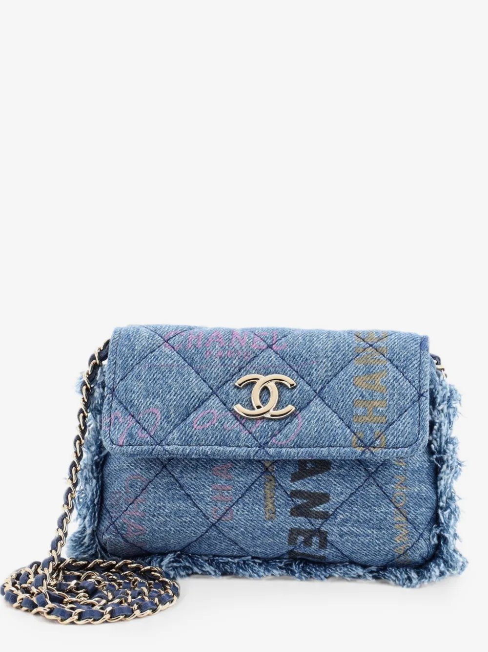 Denim Mood Flap Clutch with Chain Logo Printed Quilted Fringe Denim crossbody bag