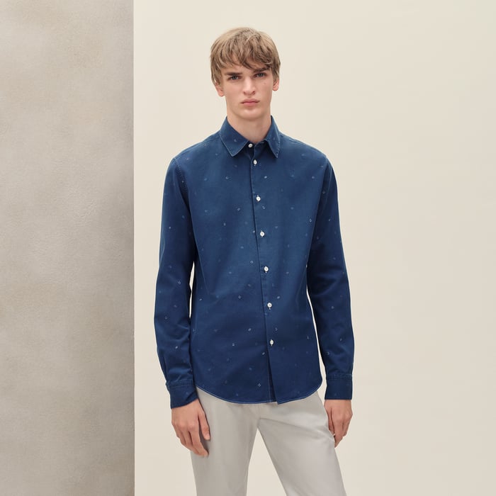 Indigo Lavé "Calligraphie Equestre Jacquard" Fitted Shirt With Louis Collar
