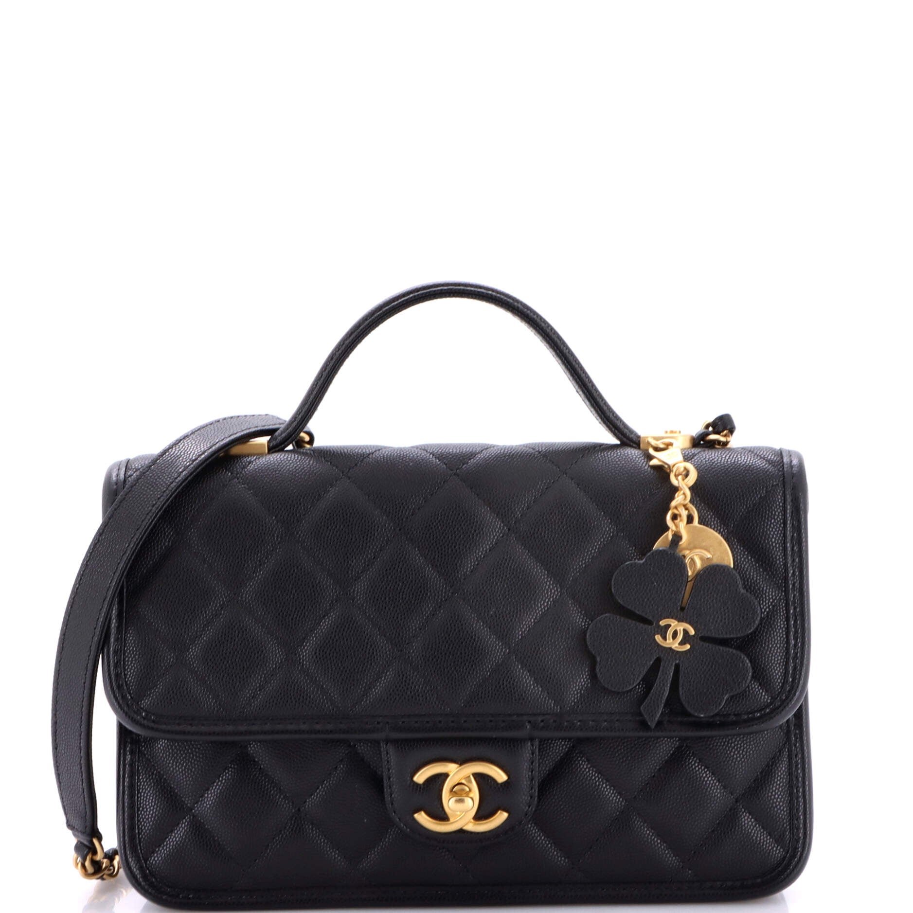School Memory Top Handle Flap Bag Quilted Caviar Small