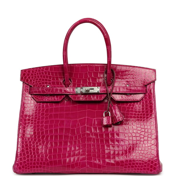 Pre-owned Hermes Birkin 35 Rose Scheherazade Shiny Porosus Crocodile Palladium Hardware
