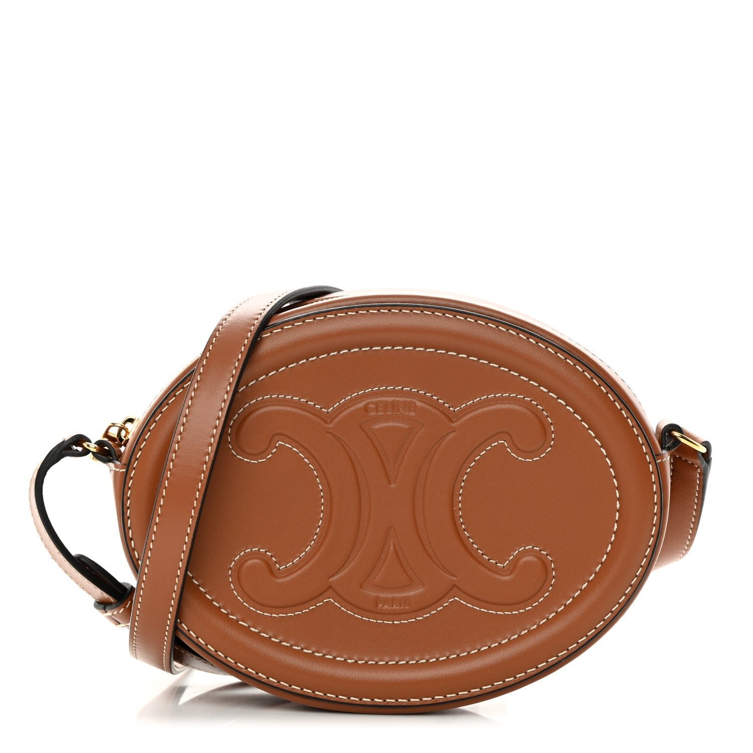 Celine Smooth Calfskin Cuir Small Triomphe Oval Crossbody Purse Tan