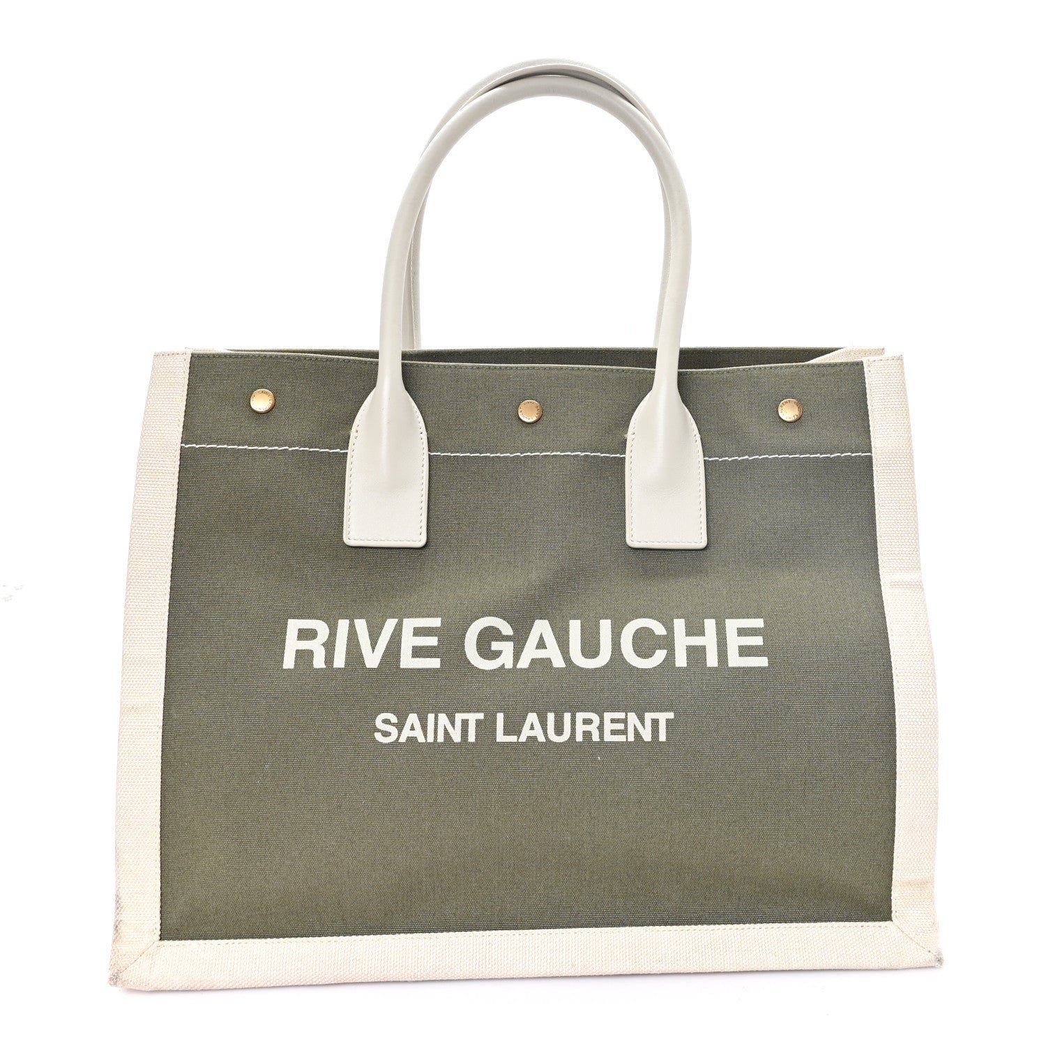 Saint Laurent Linen Calfskin Small Rive Gauche Tote Military Green Blanc Vintage