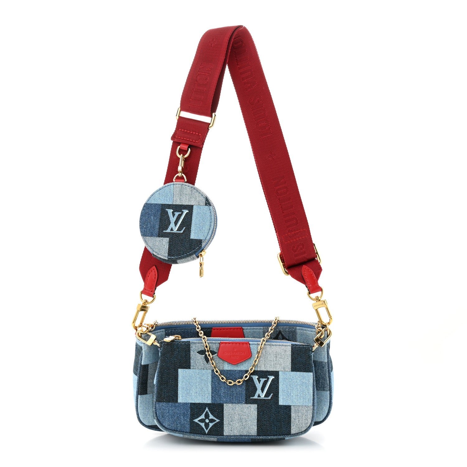 Louis Vuitton Denim Damier Monogram Patchwork Multi Pochette Accessories Blue Rouge