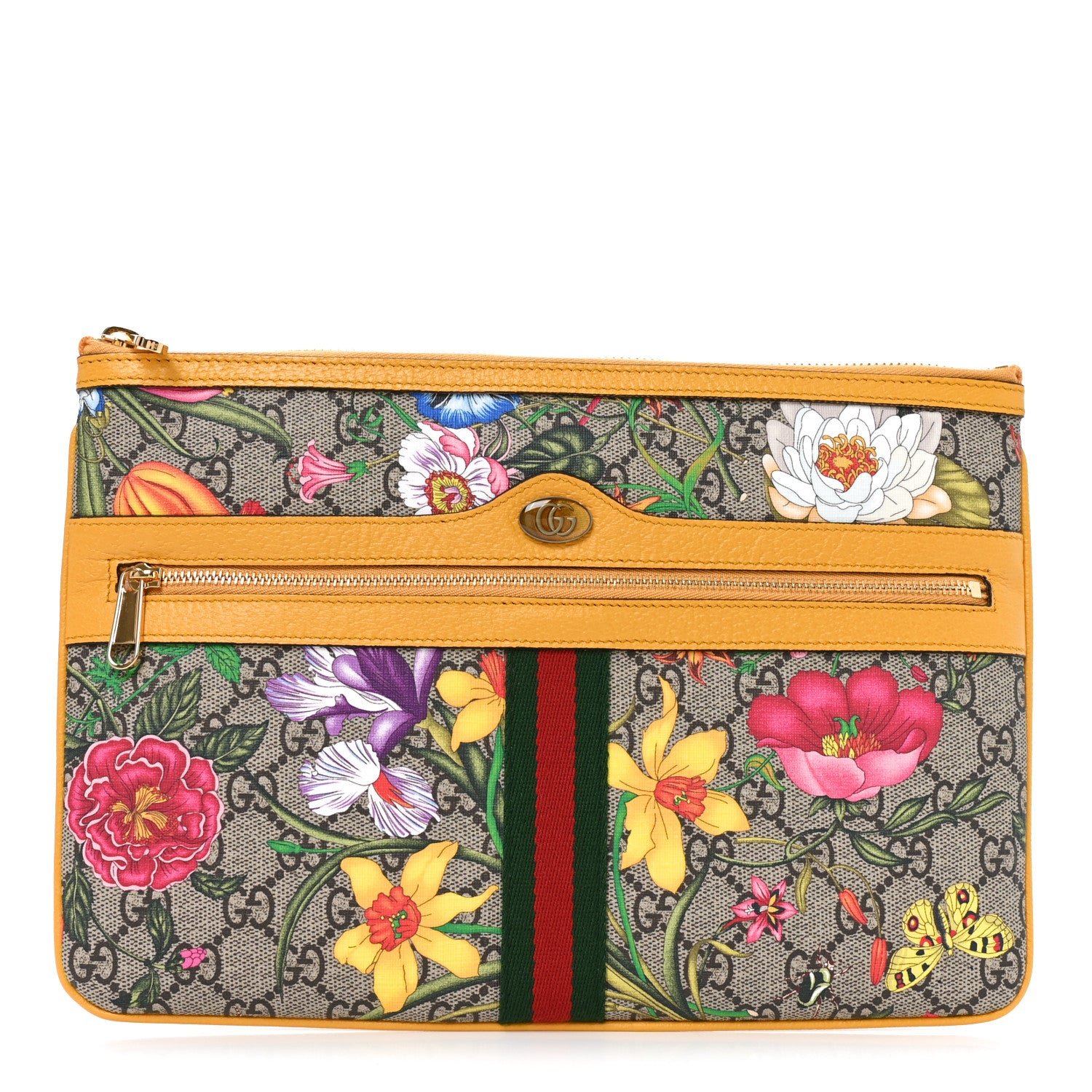 Gucci GG Supreme Monogram Flora Large Ophidia Pouch Clutch Beige Multicolor Crop