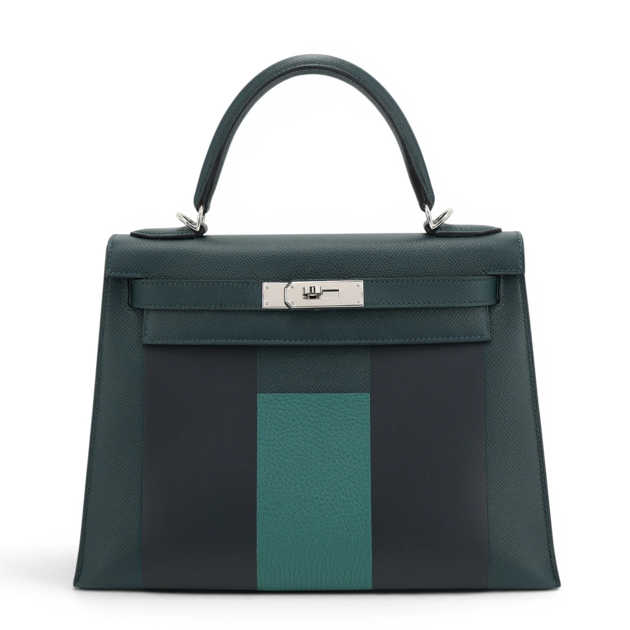 Excellent ( Rank SA ) HERMÈS Limited Edition Kelly 28 Sellier Letter H Vert Cypress (6O) Bleu Obscur (K7) Malachite (Z6) Epsom Sombrero Clemence Palladium hardware C (2018)