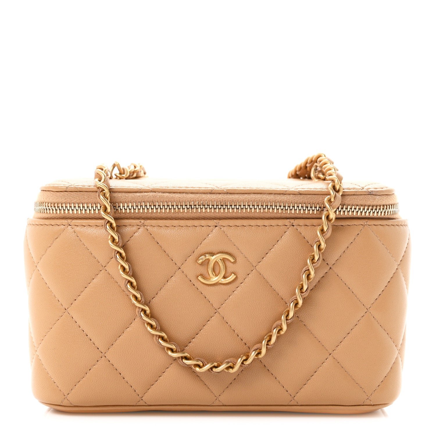 Chanel Lambskin Quilted Pearl Crush Small Vanity Case With Chain Beige