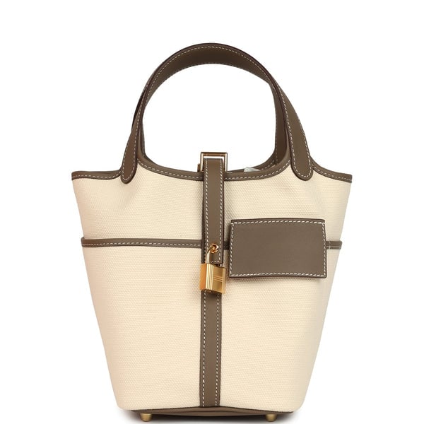 Hermes Hermes Picotin Cargo 18 Ecru Toile Canvas and Etoupe Swift Gold Hardware