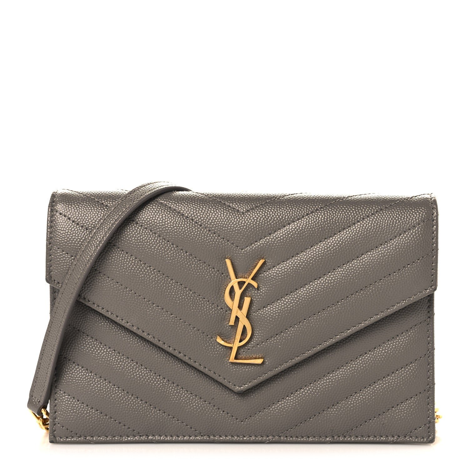 Saint Laurent Grain De Poudre Matelasse Chevron Monogram Envelope Chain Wallet Fog