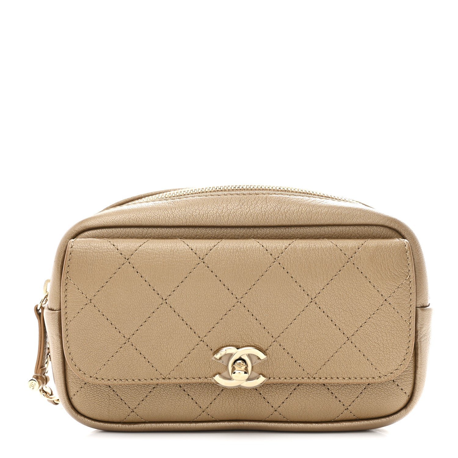 Chanel Metallic Goatskin Quilted Casual Trip Waist Bag Beige