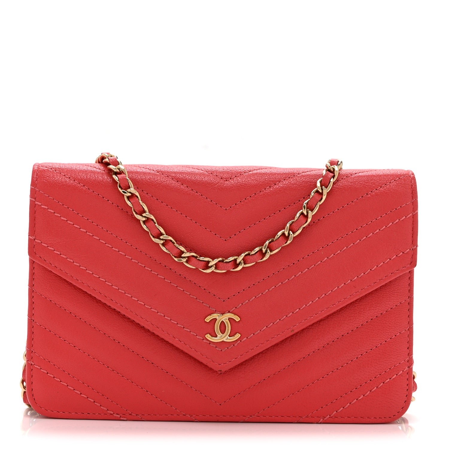 Chanel Shiny Goatskin Chevron Quilted Statement Wallet On Chain WOC Red