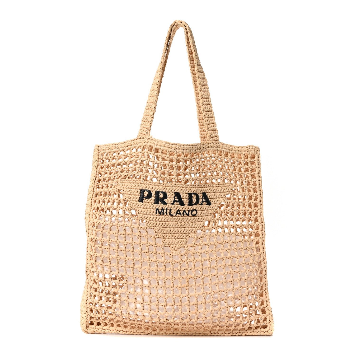 Prada Yarn Raffia Effect Crochet Logo Embroidered Tote Bag Naturale