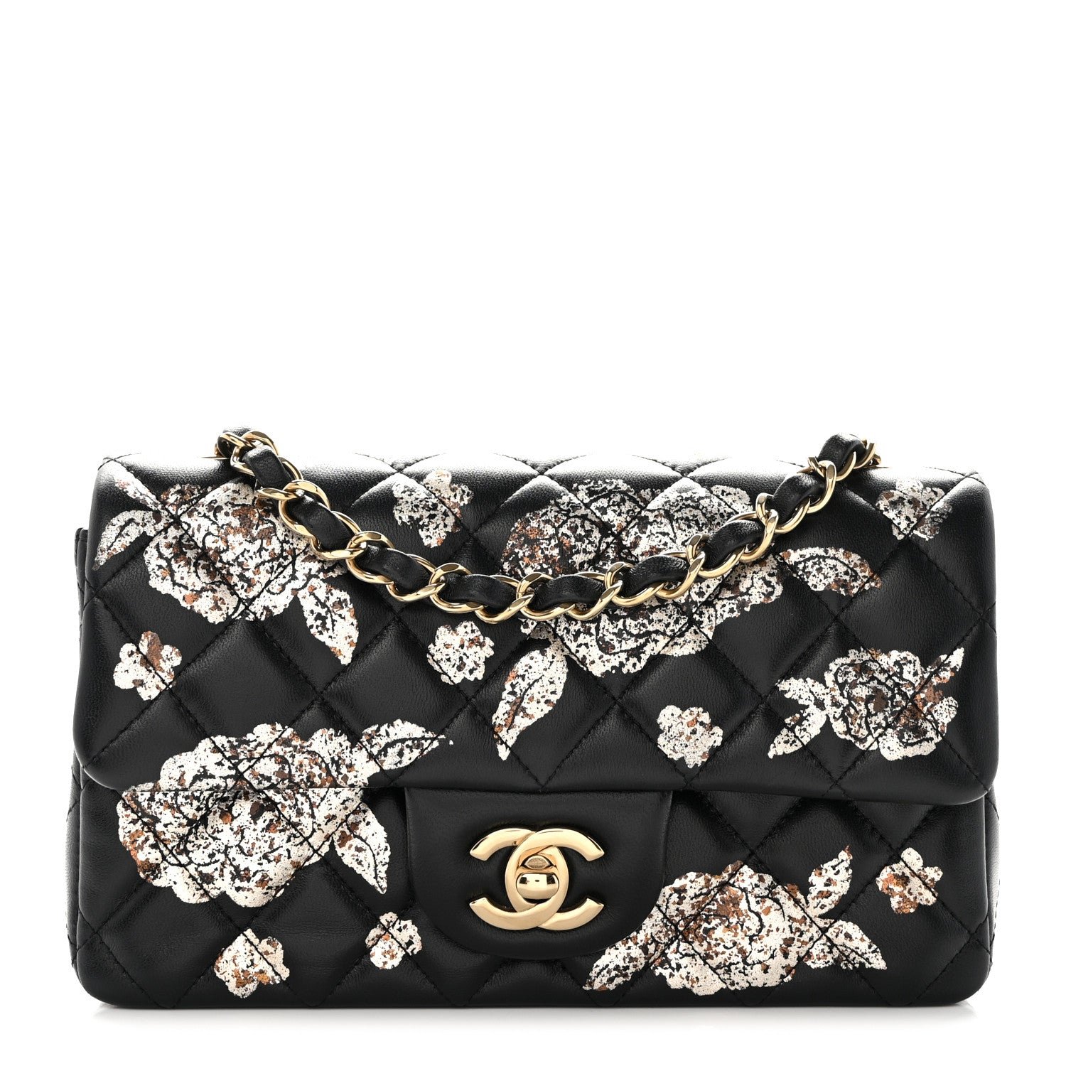 Chanel Lambskin Camellia Printed Quilted Mini Rectangular Flap Black Gold