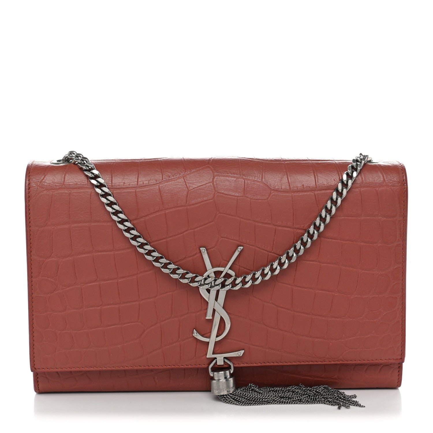 Saint Laurent Calfskin Crocodile Embossed Medium Classic Monogram Kate Tassel Satchel Pink