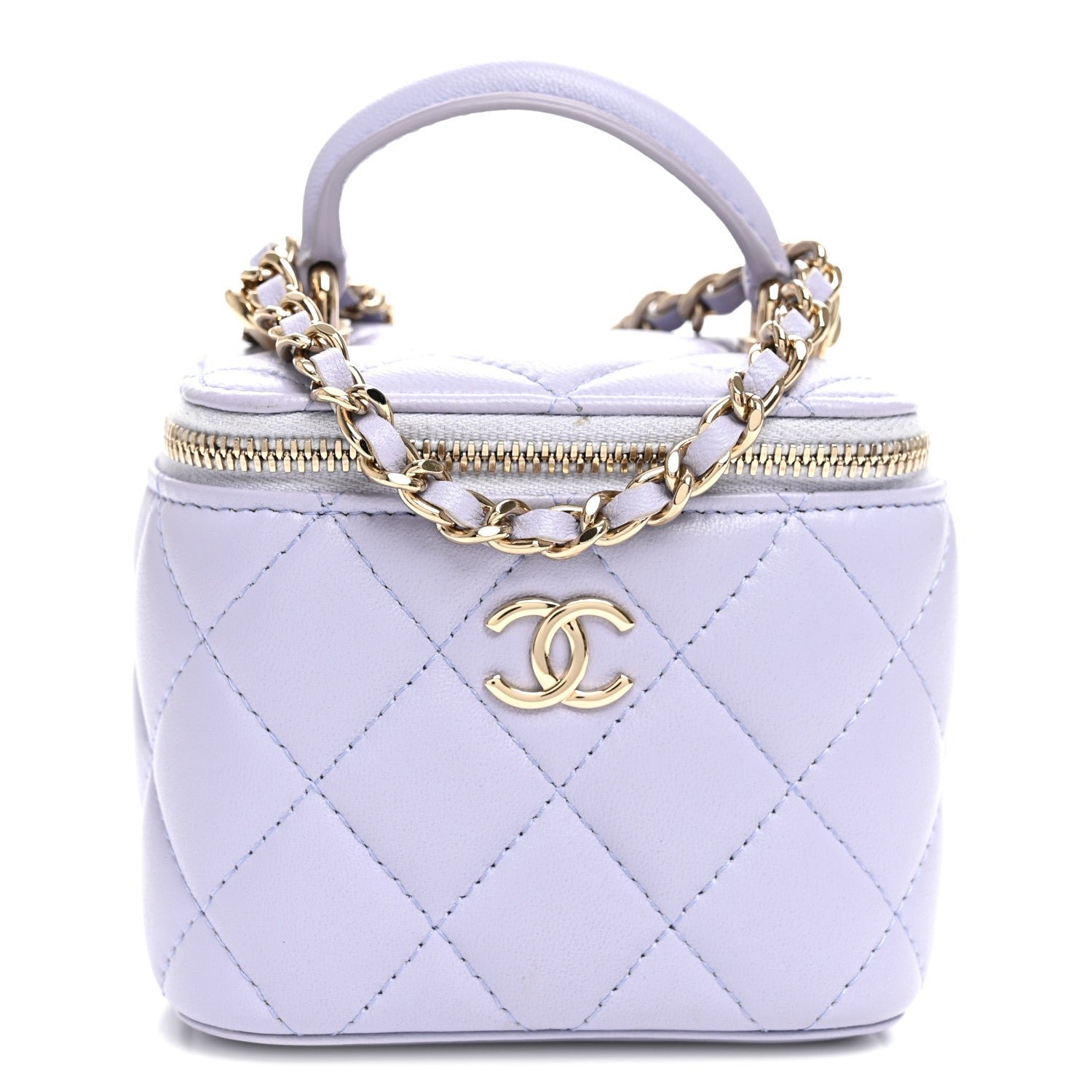 Lambskin Quilted Top Handle Mini Vanity Case With Chain Lilac
