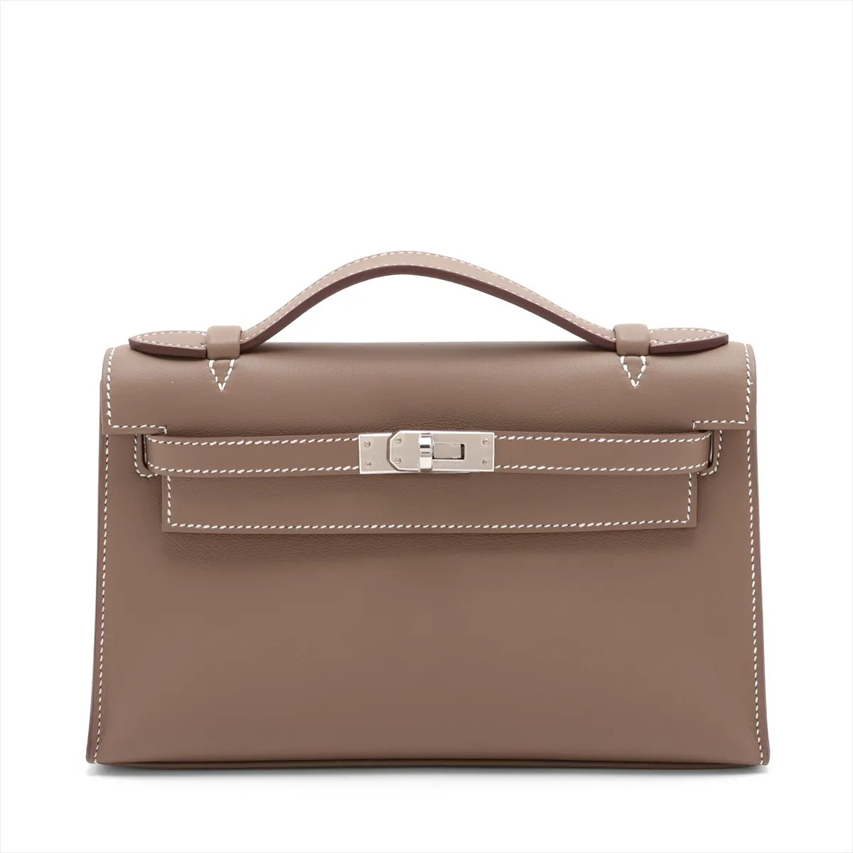 Hermès Pochette Kelly Veau Swift Etoupe Silver Metal Fittings