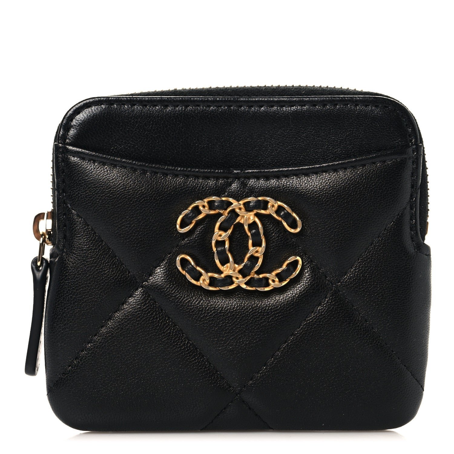 Chanel Lambskin Quilted Chanel 19 Zip Card Holder Wallet Black