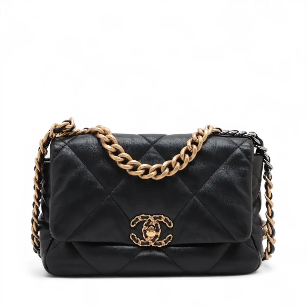 Chanel CHANEL 19 Lambskin Chain Shoulder Bag Black Gold x Silver Metal Fittings