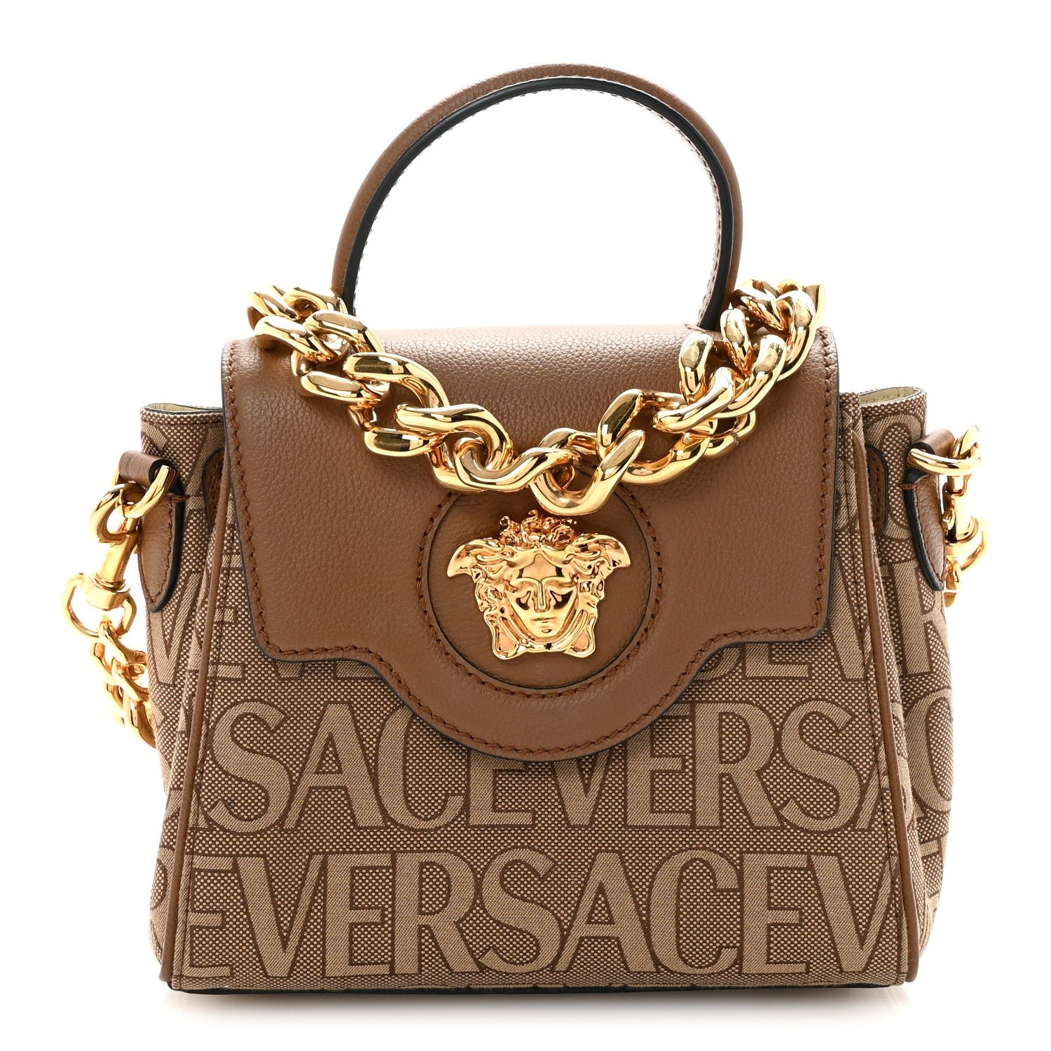 Versace Calfskin Canvas Allover La Medusa Small Top Handle Handbag Brown