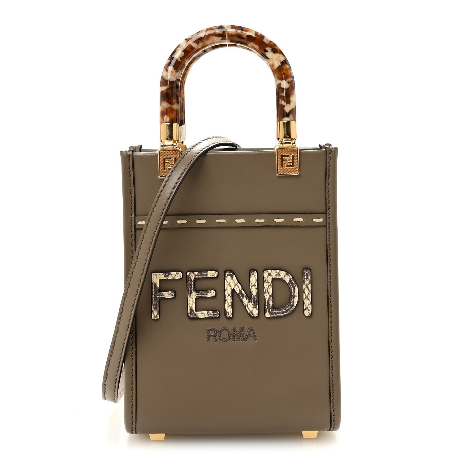 Fendi Vitello King Plexiglass Elaphe Python Print Logo Mini Fendi Sunshine Shopper Tote Tartufo Daisy Roccia
