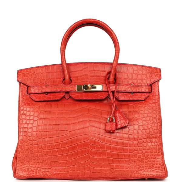 Pre-owned Hermes Birkin 35 Geranium Matte Porosus Crocodile Gold Hardware