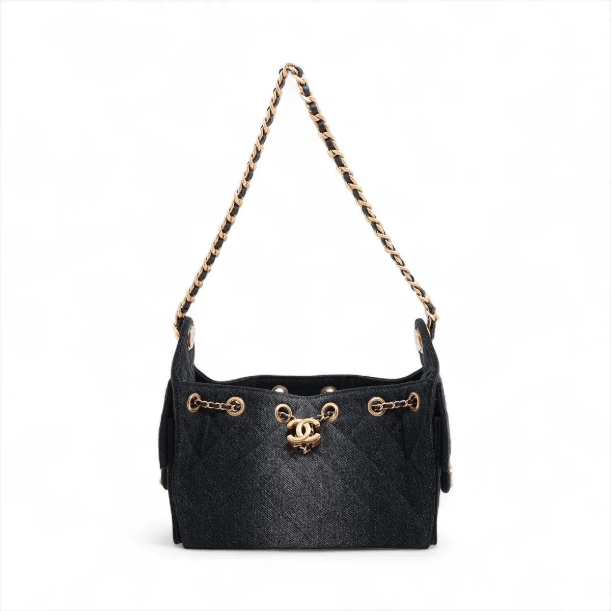 Chanel Chanel 25 Mini Denim Chain Shoulder Bag Black Gold Metal Fittings random