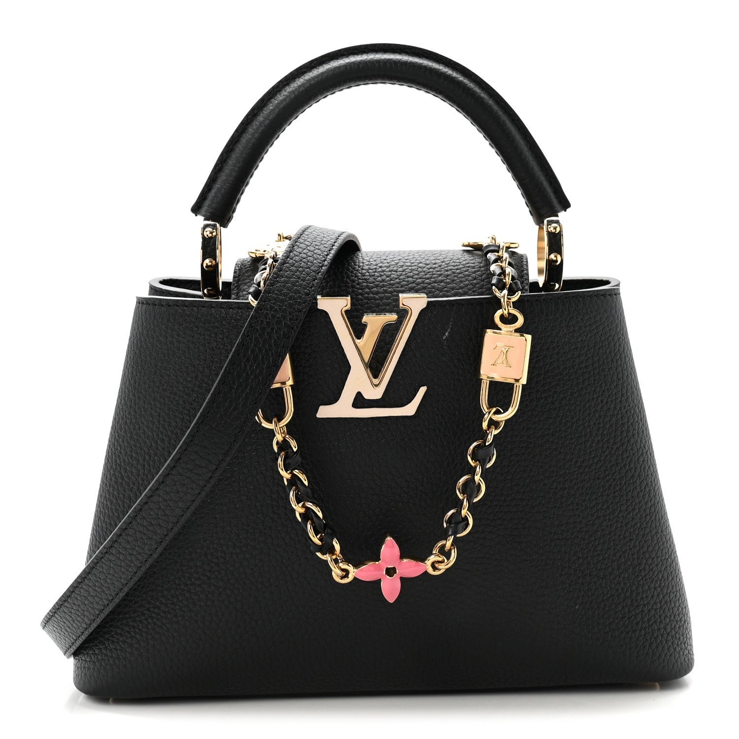 Louis Vuitton Taurillon Enamel Flower Padlock Chain Capucines BB Black