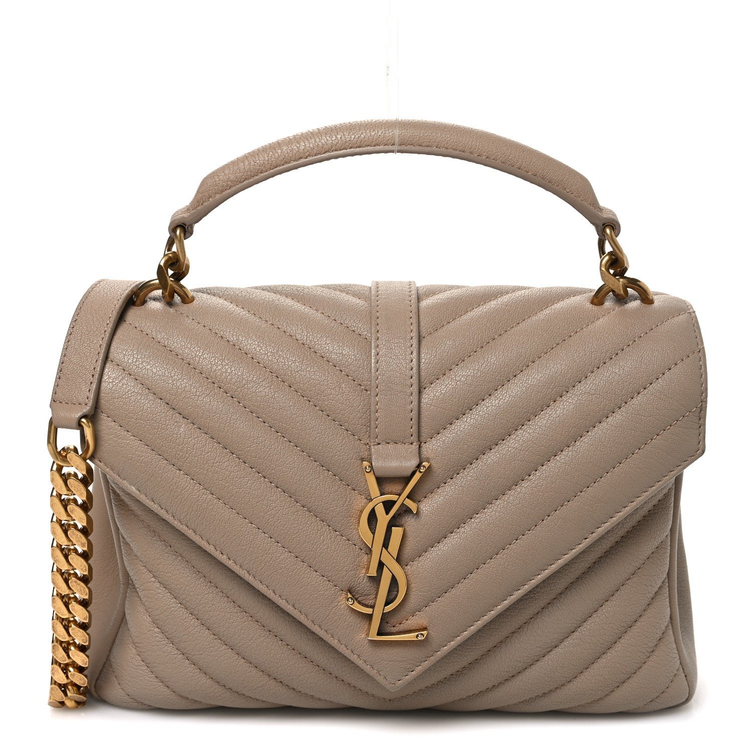 Saint Laurent Sheepskin Matelasse Chevron Monogram Medium College Bag Dark Beige