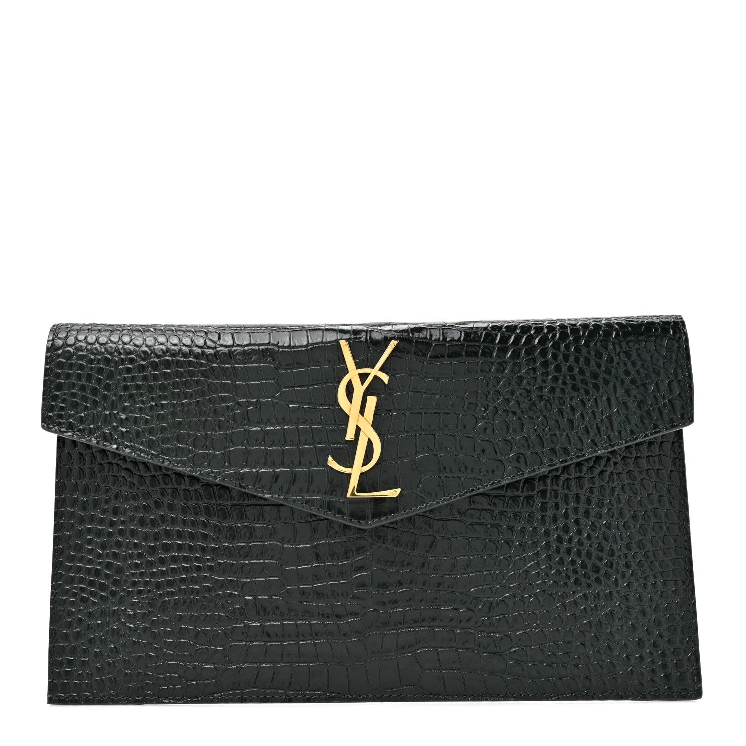 Saint Laurent Calfskin Crocodile Embossed Uptown Monogram Pouch Mint