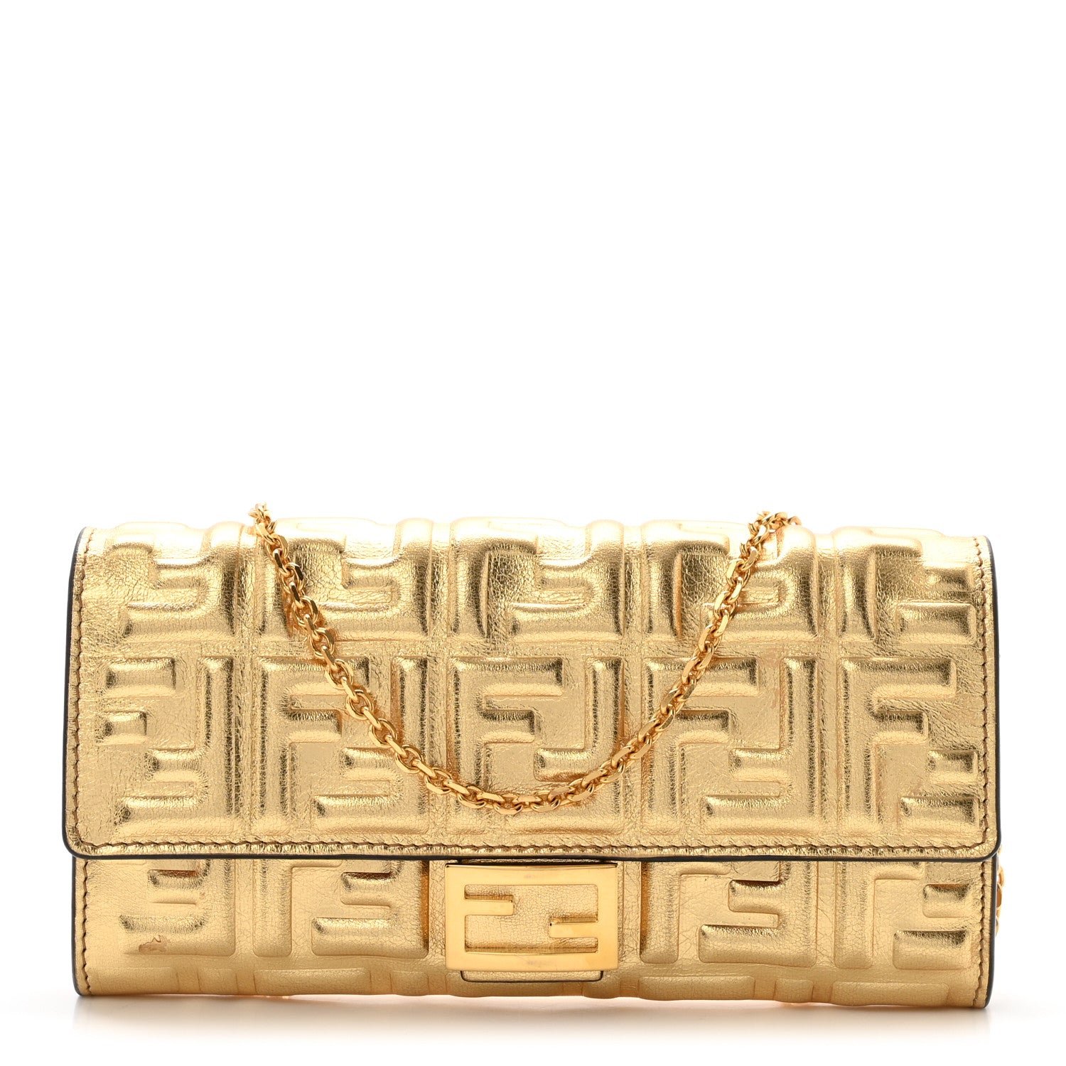 Fendi Vitello Catalan Mirror FF 1974 Embossed Continental Wallet on Chain Gold